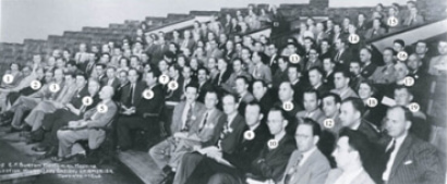 Figure 5. 1948 EMSA meeting at Toronto: (1) Marie Jakus, (2) G.L. Clark; (3) Mary Schuster Jaffe; (4) O.S. Dufendack; (5) Albert Prebus; (6) Daniel Pease; (7) Ernest F. Fullam; (8) Sterling Newberry; (9) Perry C. Smith; (10) R.F. Baker; (11) F.A. Hamm; (12) N.J. Burton; (13) Charles Banca; (14) John Reisner; (15) F.O. Schmitt; (16) Joseph Comer; (17) Gaston Dupouy; (18) Jeanette Cooper; (19) William Ladd.